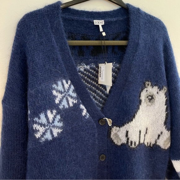 NWT Loewe Mohair Knit Cardigan Oversized Women’s Blue Sweater Polar Bear Winter - Picture 13 of 16